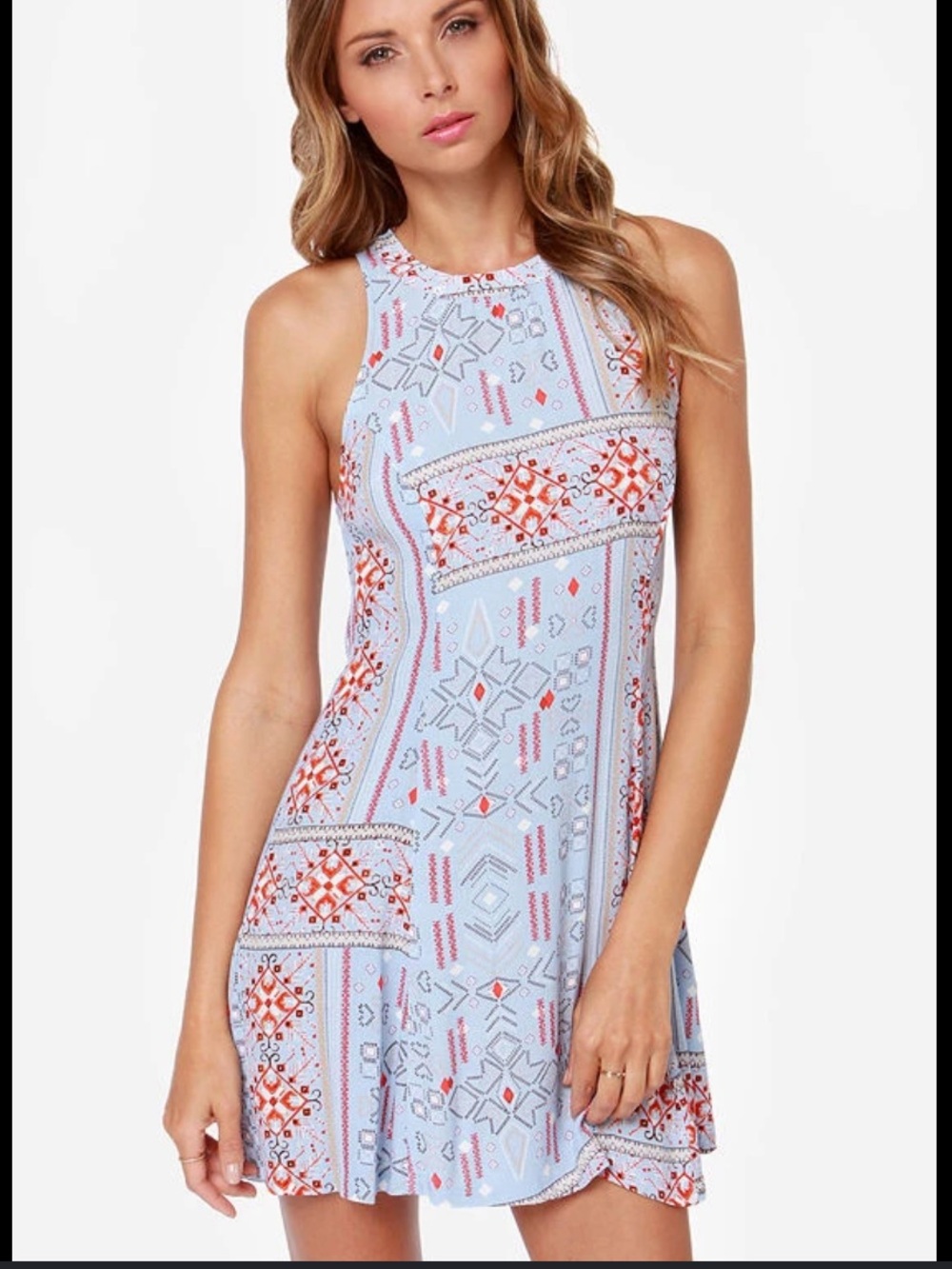 MINKPINK Ranch Fiesta  Light Blue Printed Halter Mini Dress. Size Large